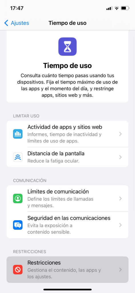 Tiempo de uso en teléfono iPhone