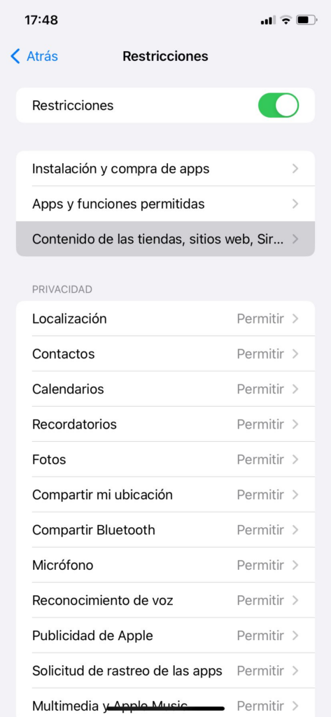 Configuración de contenidos en teléfono iPhone