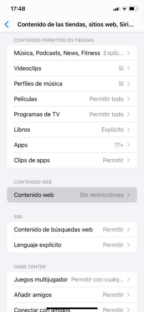 Configuración  de contenido web en teléfono iPhone