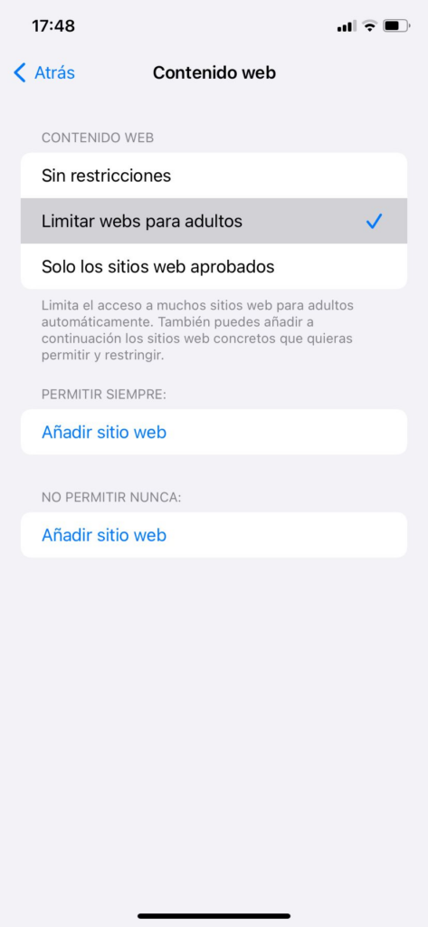 Configuración para limitar sitios para adultos en teléfono iPhone